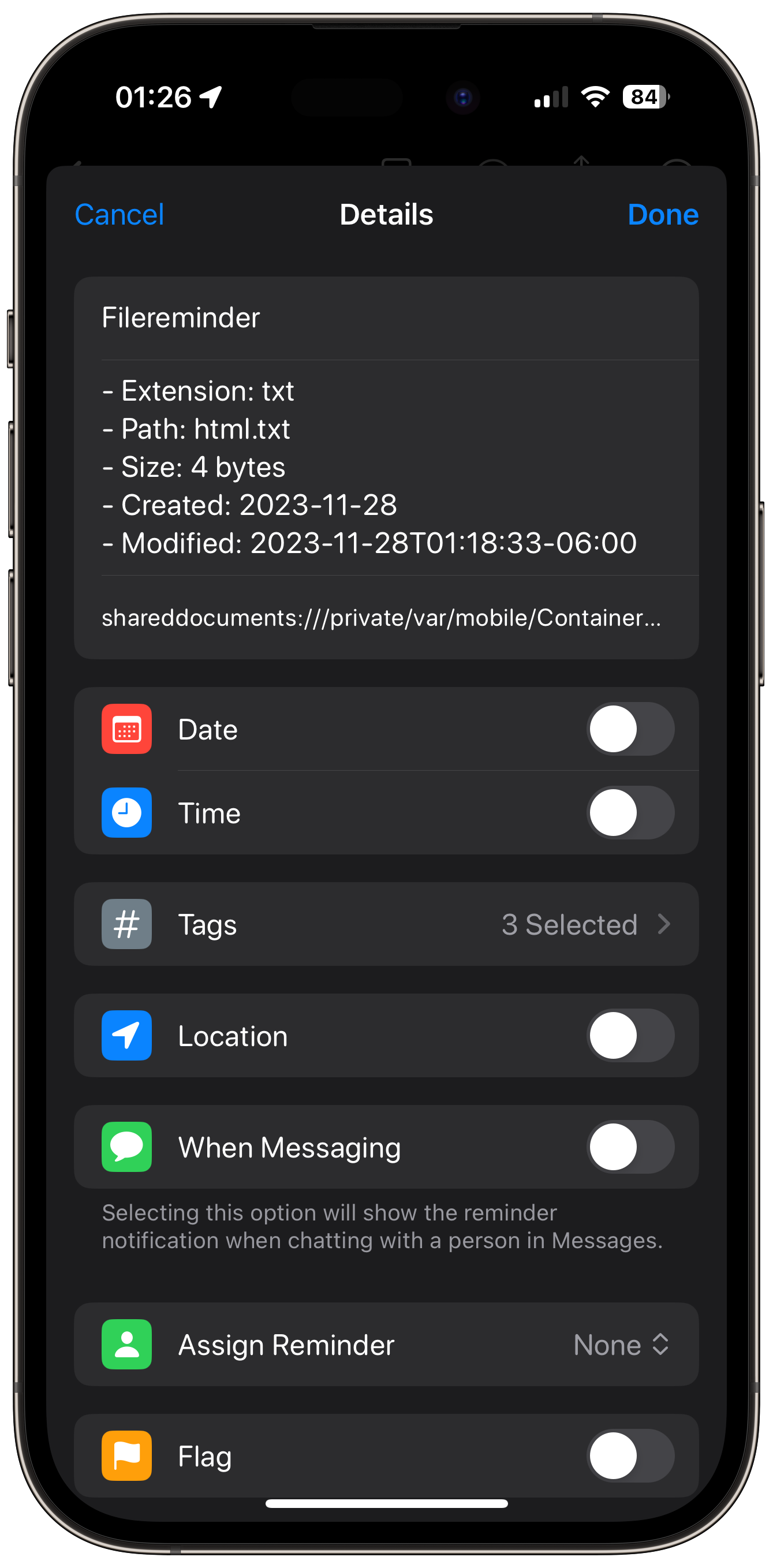 Mocked-up iPhone 15 Pro screenshot of an example result of my File Reminder shortcut.