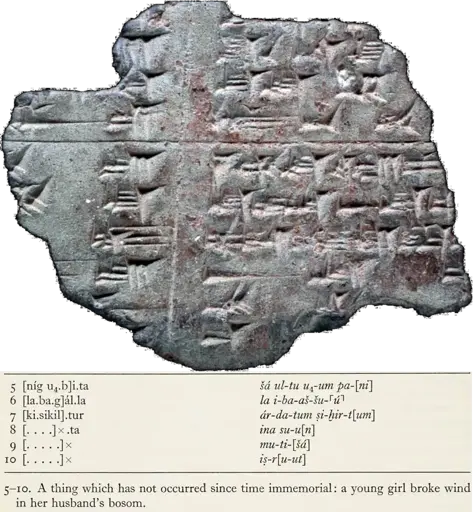 Neo-Assyrian tablet with an ancient fart joke dating back to the Old Babylonian period: "A thing which has not occurred since time immemorial: a young girl broke wind in her husband's bosom."