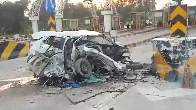 Aftermath of speeding car crashes into divider at Uttar Pradesh toll plaza