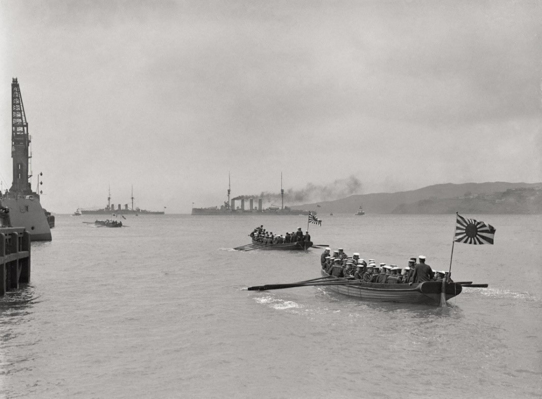 IJN sailors from the armoured cruiser Ibuki in Wellington Harbour, New Zealand, WW1, ~1914.