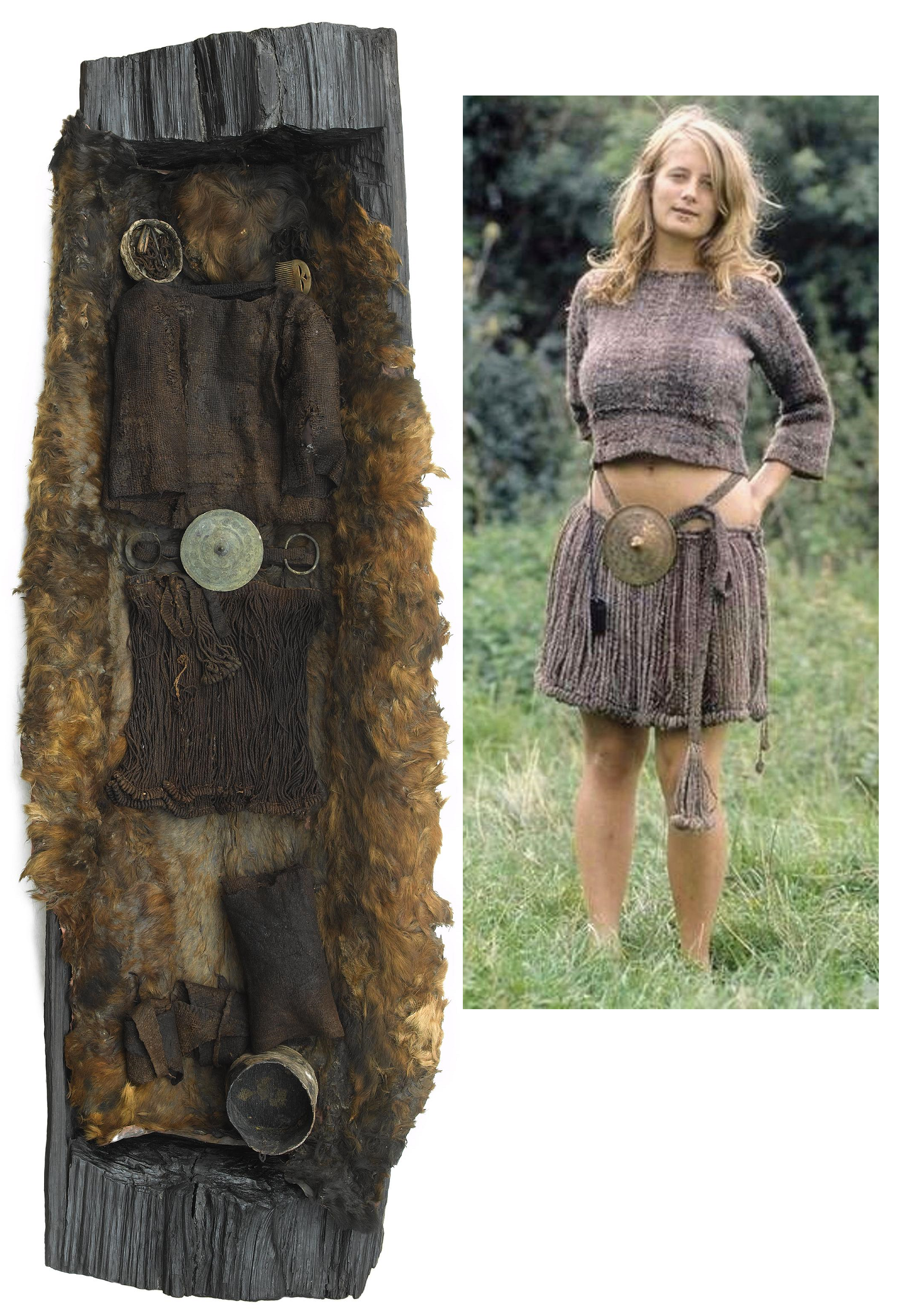 left: burial of the bronze age Egtved Girl, buried circa 1370 BC in Denmark. right: a modern recreation of her clothes