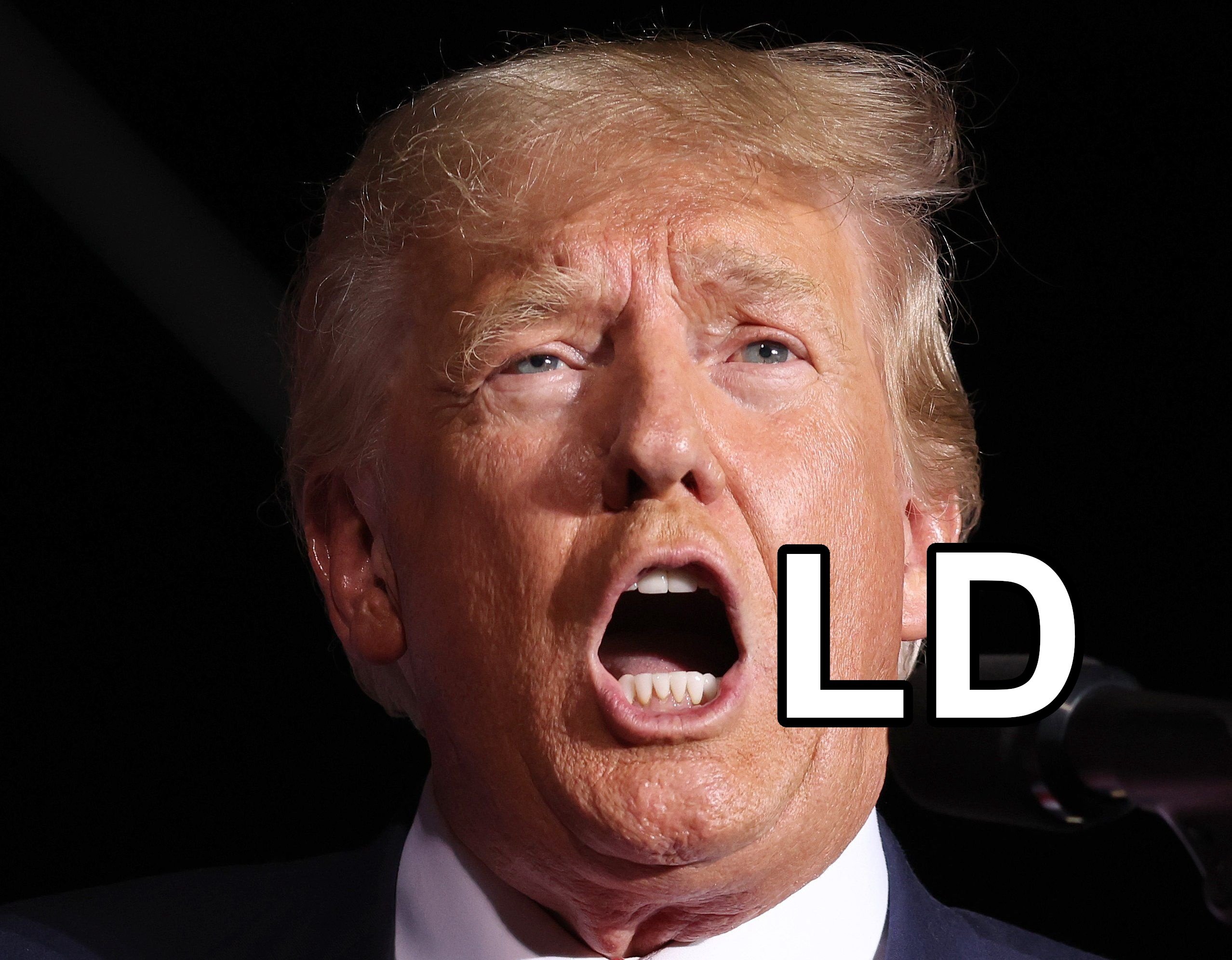 Photo from the linked article of Donald Trump shouting, his mouth forming a near-perfect O shape. To the right of his O shaped mouth, the letters L and D have been added to form the word "OLD."