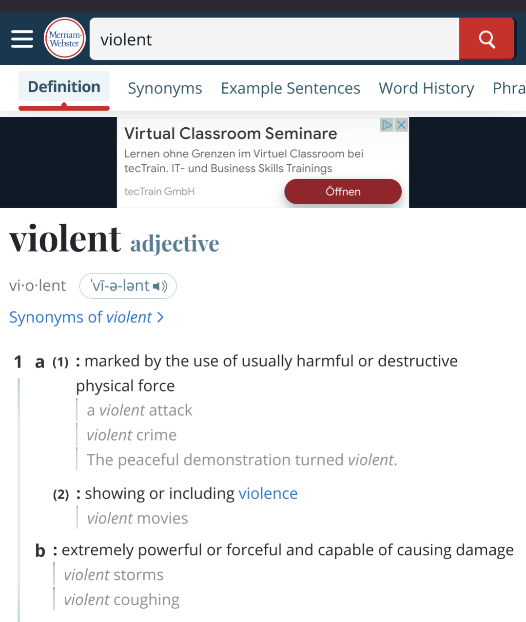 Definition of Violent from Merriam-Webster