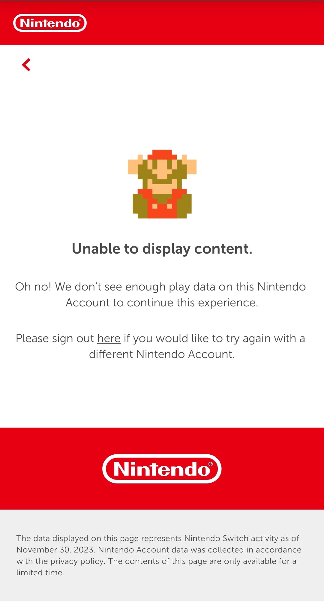 unable to display content due to lack of data, says Nintendo