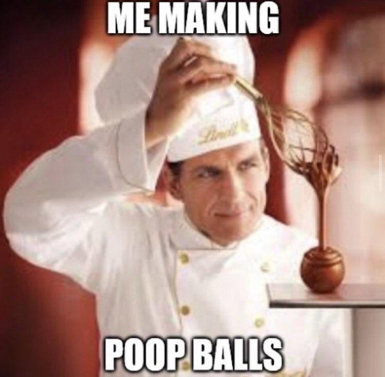 An image of a chocalatier drizzling chocolate onto a Lindt chocolate ball, identical to the OP but with impact font text overlaid reading "ME MAKING POOP BALLS"