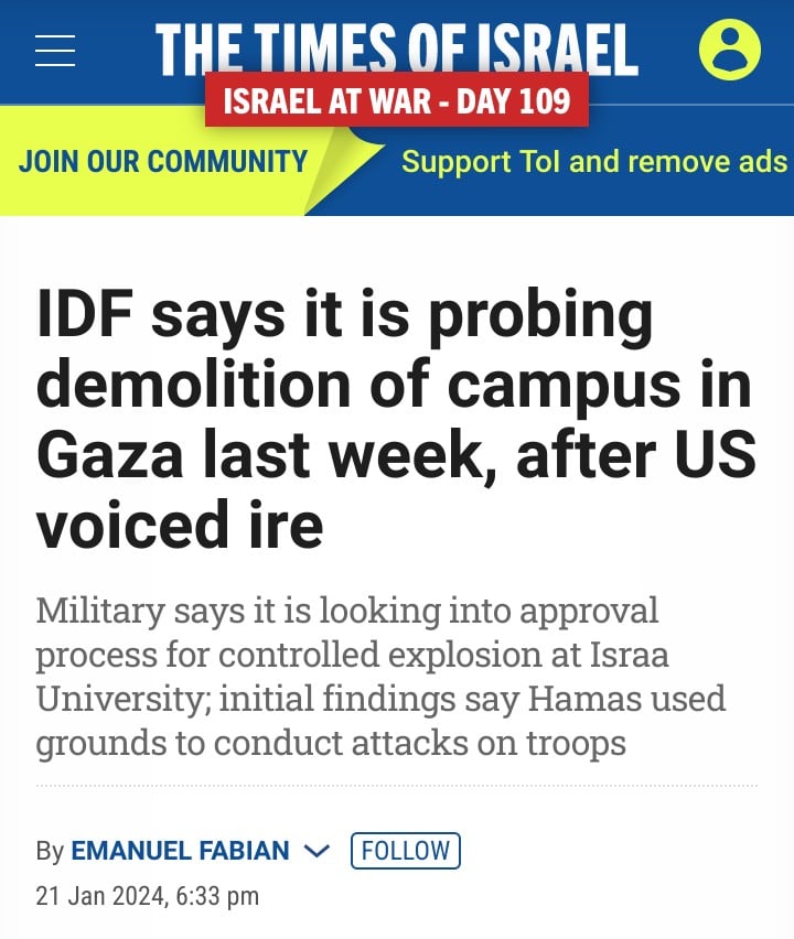 A screenshot taken from the Times of Israel website. Title: IDF says it is probing demolition of campus in Gaza last week, after US voiced ire. Subtitle: Military says it is looking into approval process for controlled explosion at Israa University; initial findings say Hamas used grounds to conduct attacks on troops. Posted on January 21st
