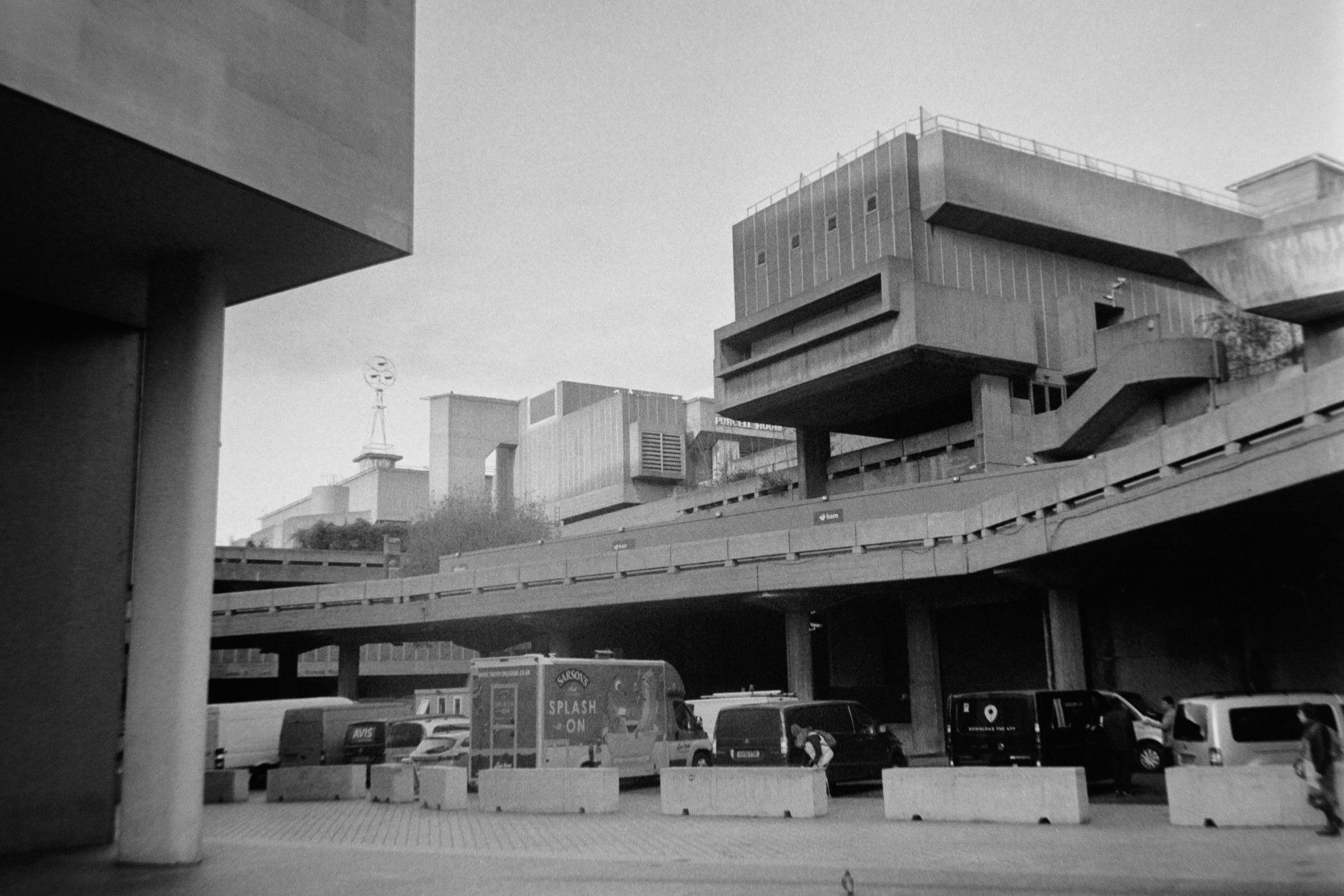 a black and white photograph of the Barbican/South Bank