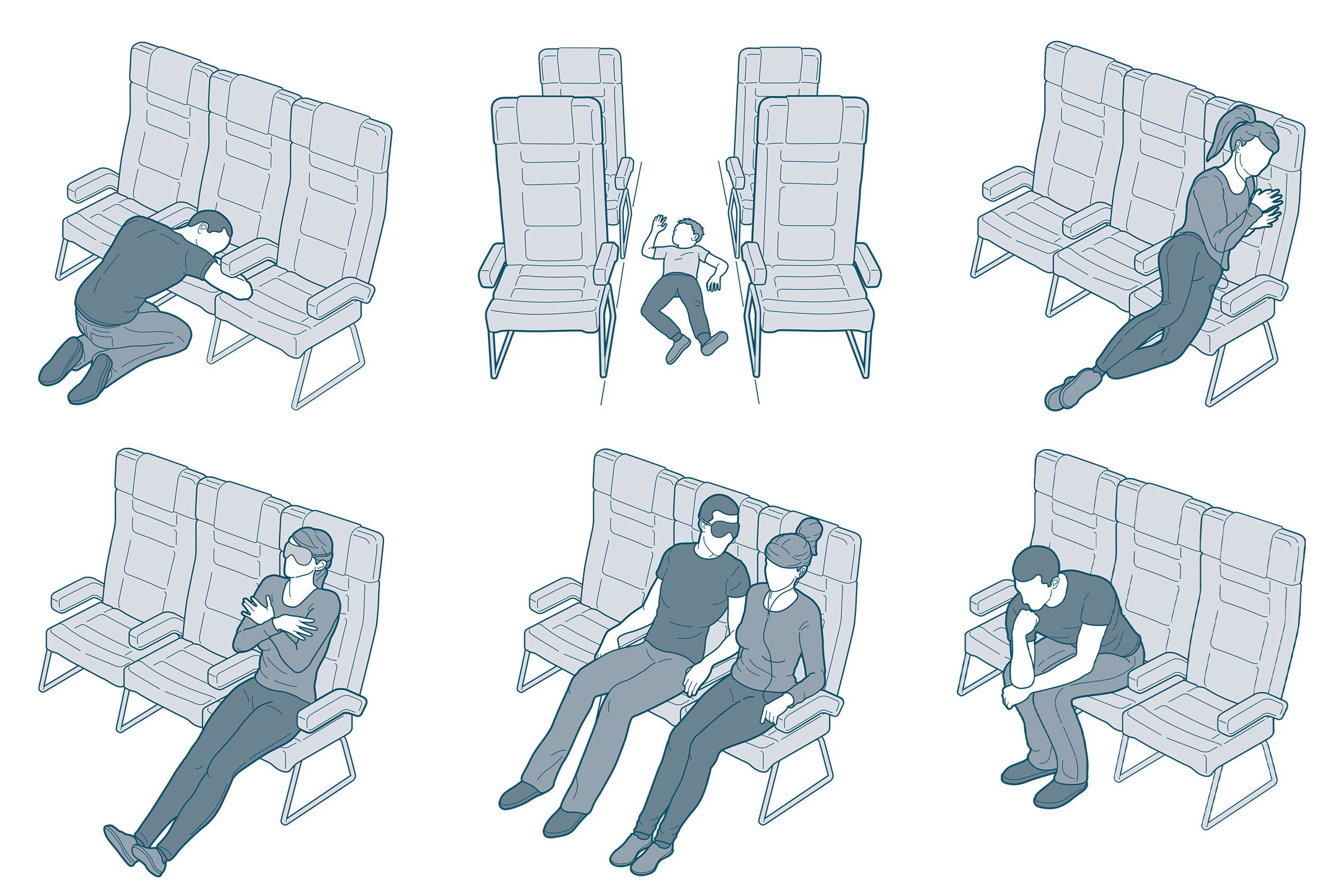 The illustrated encyclopedia of sleeping positions on a plane