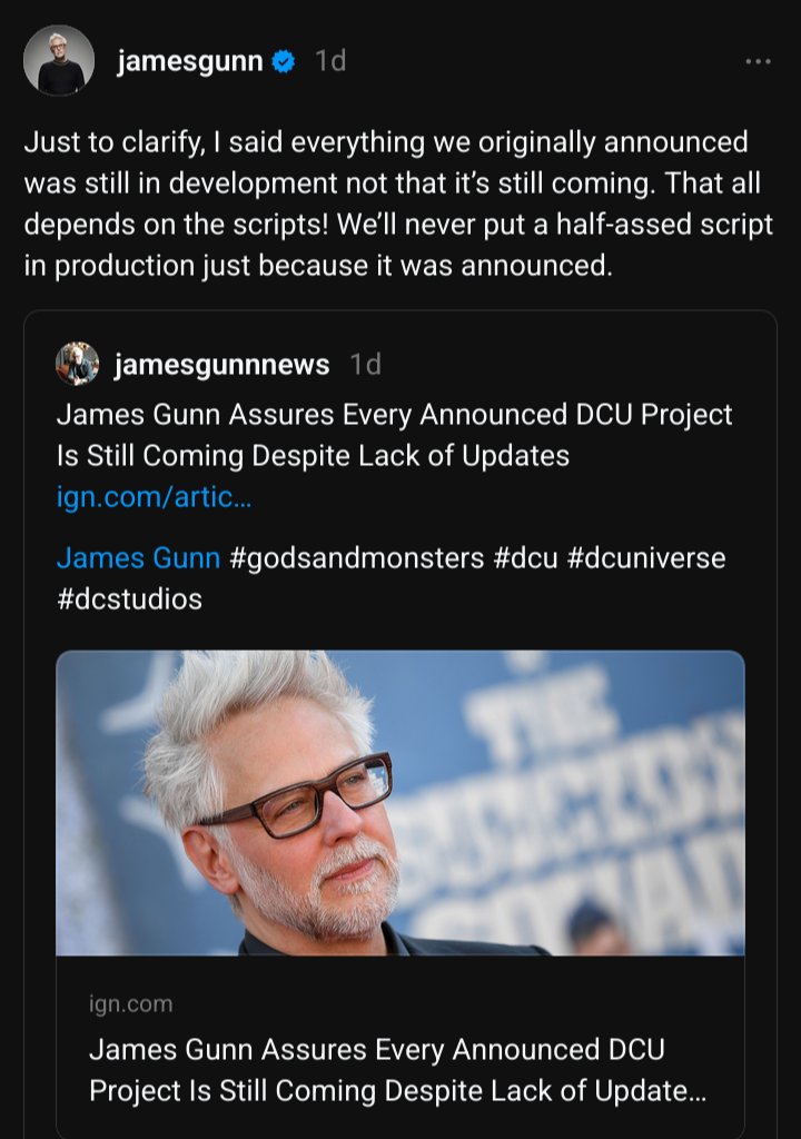 @jamesgunn - "We’ll never put a half-assed script in production just because it was announced."