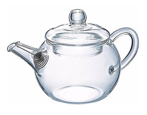 Small round glass teapot with a metal strainer in the spout (Hario Asian Teapot)