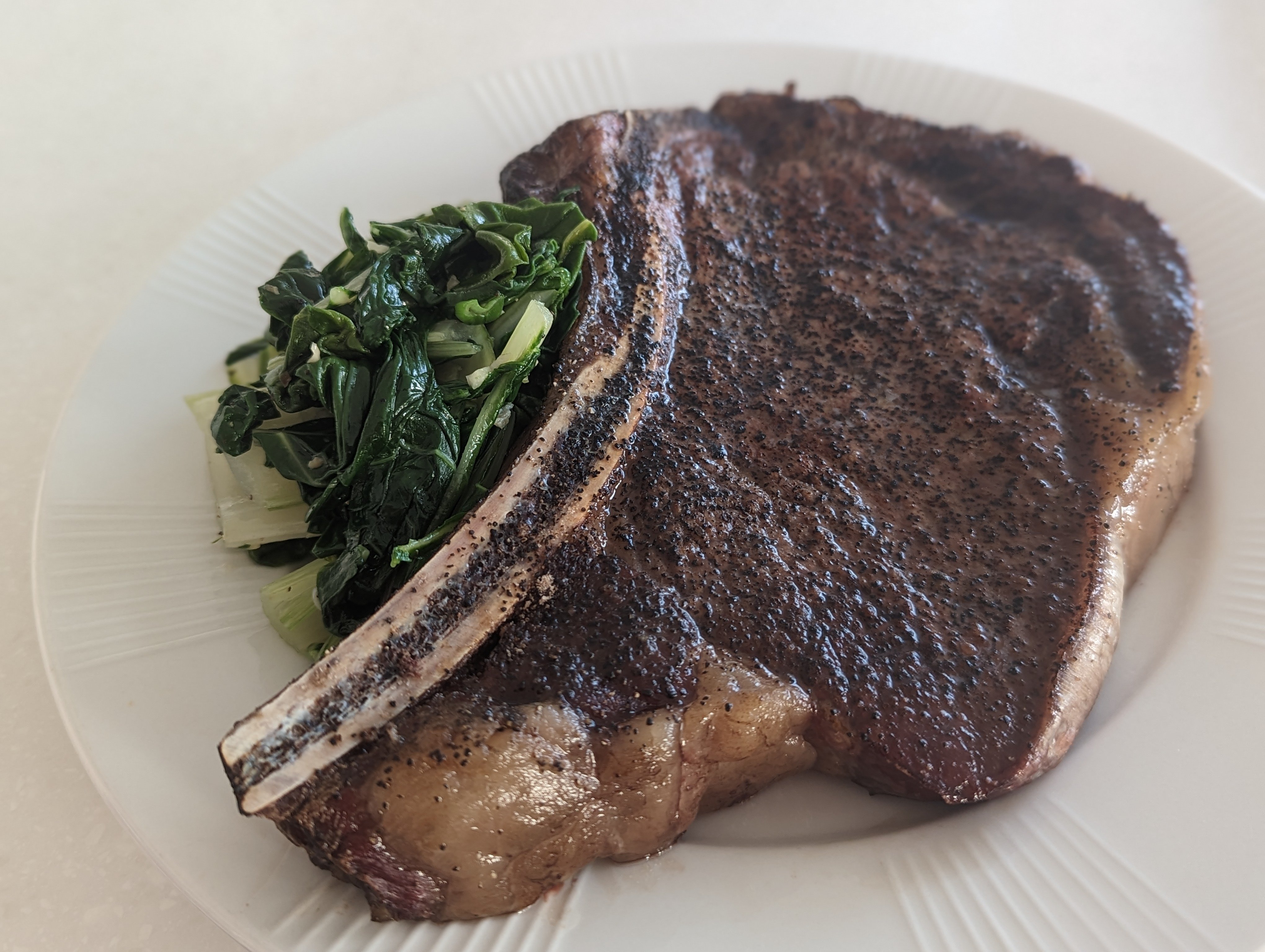 Applewood Smoked Salt Seasoned Ribeye w Sauteed Swiss Chard