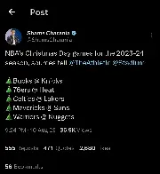 [Shams] NBA’s Christmas Day games for the 2023-24 season, sources tell @TheAthletic @Stadium: