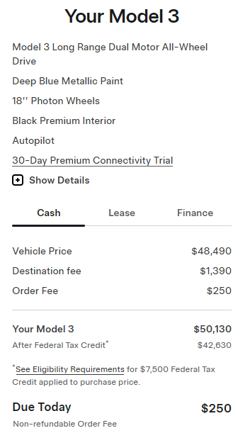 Model 3 configuration and quote from Tesla.com