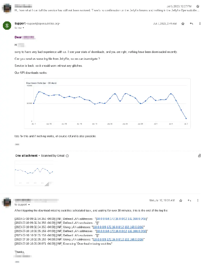 Email response from OpenSubtitles support confirming there was an issue