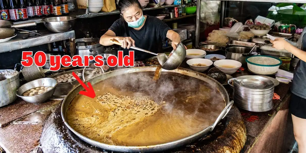 I tried one of the world's oldest soups, a broth that's been kept simmering for 50 years by 3 generations of a family. It's now one of my favorite restaurants in Bangkok.