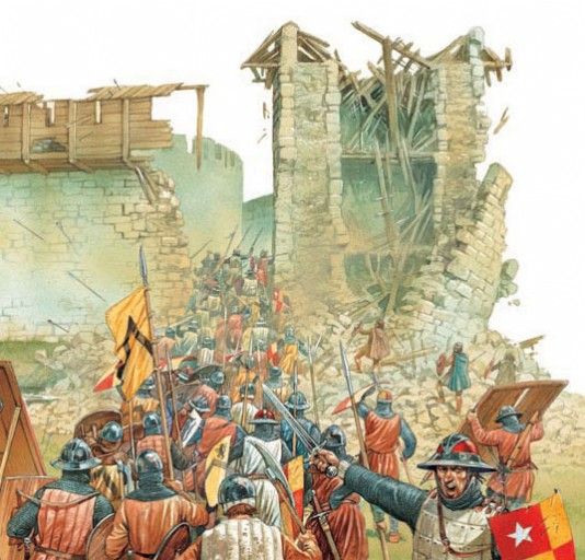 Medieval soldiers entering a breach in the walls