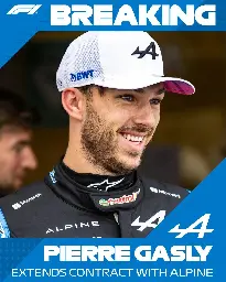 [@f1] Pierre Gasly agrees a multi-year extension with Alpine. The Frenchman signs to stay with the Enstone-based team for 2025 and beyond.