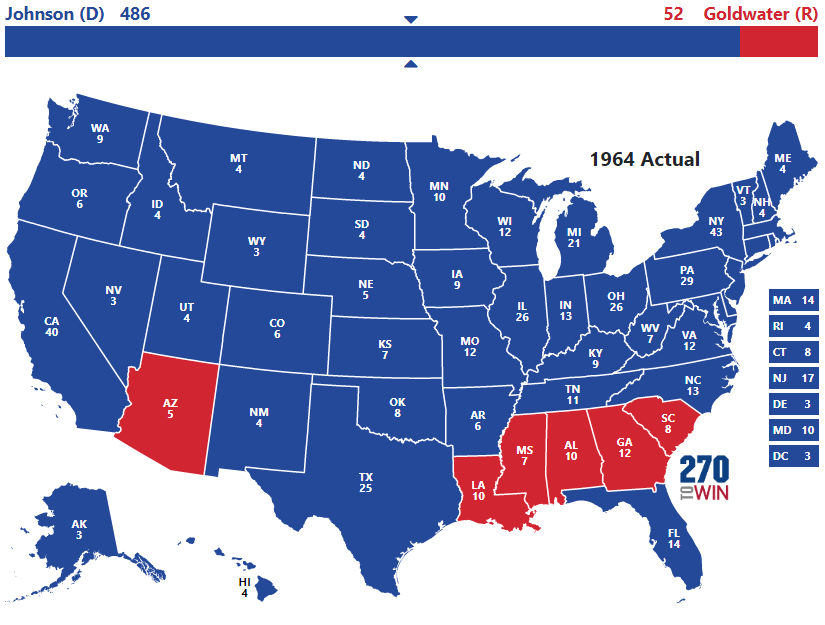 Political map of the US in 1964
