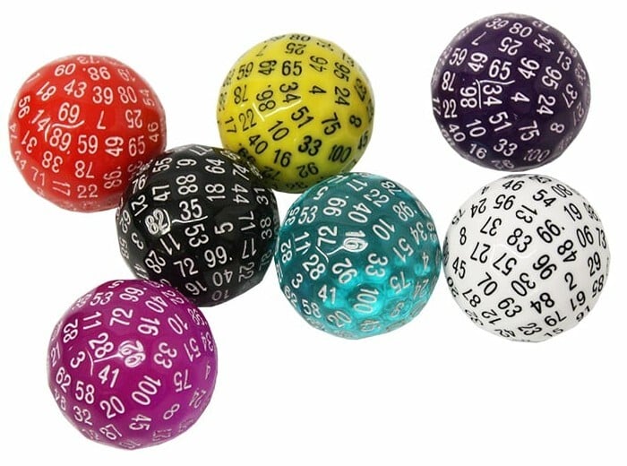 7 different coloured, 100-sided dice