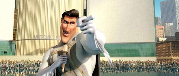 image of Metro Man pointing into crowd from the movie Megamind
