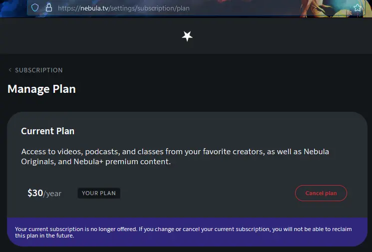 Screenshot of Nebula&#39;s &#39;cancel plan&#39; button