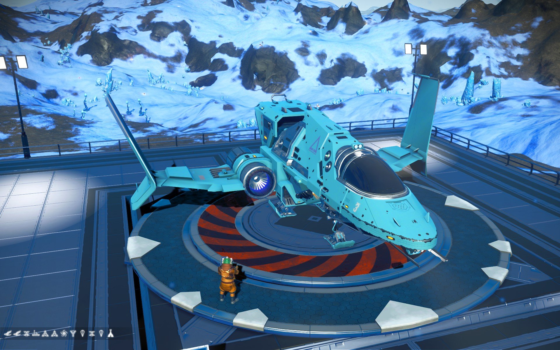 Starship/Eissentam: All-cyan jet fighter, star jumper wings, box thruster, T3 Gek econ