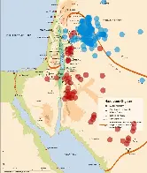 Distribution of Old Arabic inscriptions: Safaitic (Blue) and Hismaic (Red) overlapped with the borders of the Nabatean Kingdom