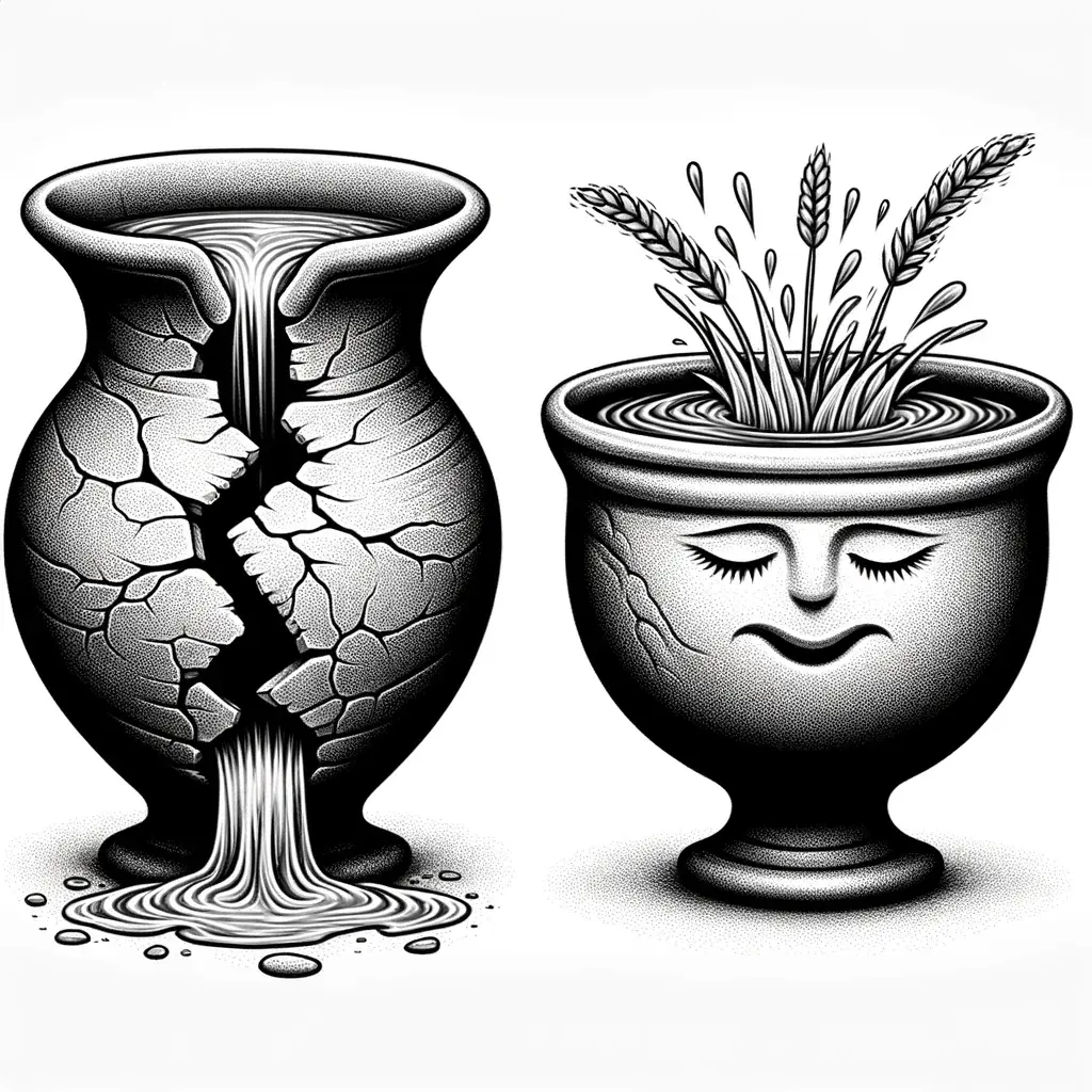 Having many wishes and lack of contentment, interior qualities shown as a leaking vase.  Having few wishes and contentment, interior qualities shown as a filled vase.