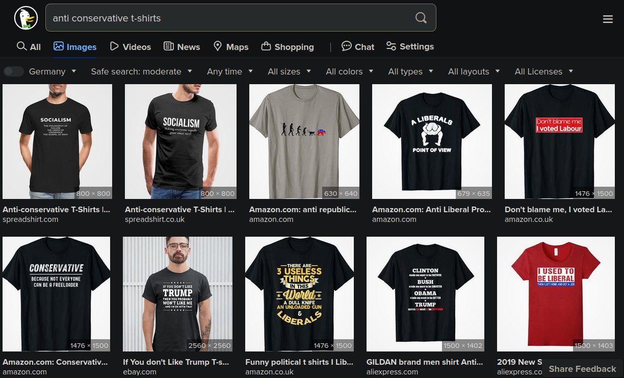 Search result on DuckDuckGo for anti-conservative t-shirts, all results showing anti-liberal t-shirts