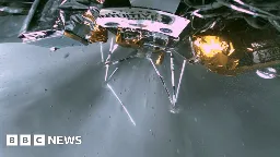 Intuitive Machines: Moon lander pictured on its side with snapped leg