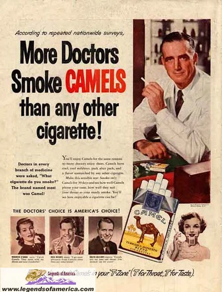 old-timey ad for cigarettes: More doctors smoke camel&#39;s than any other cigarette.