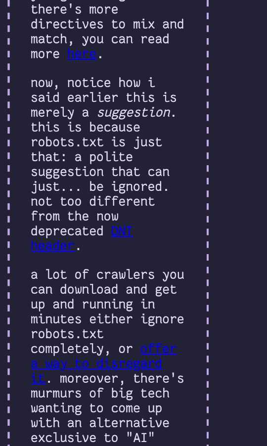 A picture of a website with a dark purple background and dark blue links.