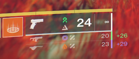 Cropped screenshot of the weapon and ability display in the game Destiny 2. Two weapons just gained ammo. One shows 20 rounds on hand, but that it gained 26. Thhe other shows 23 on hand, but it gained 29. 