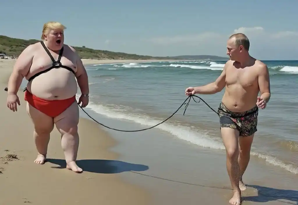 Trump and Putin having a romantic stroll on a beach