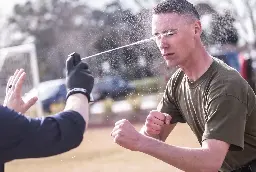 US Marine being hit with capsicum spray during security forces training, 2019. [1000x672]