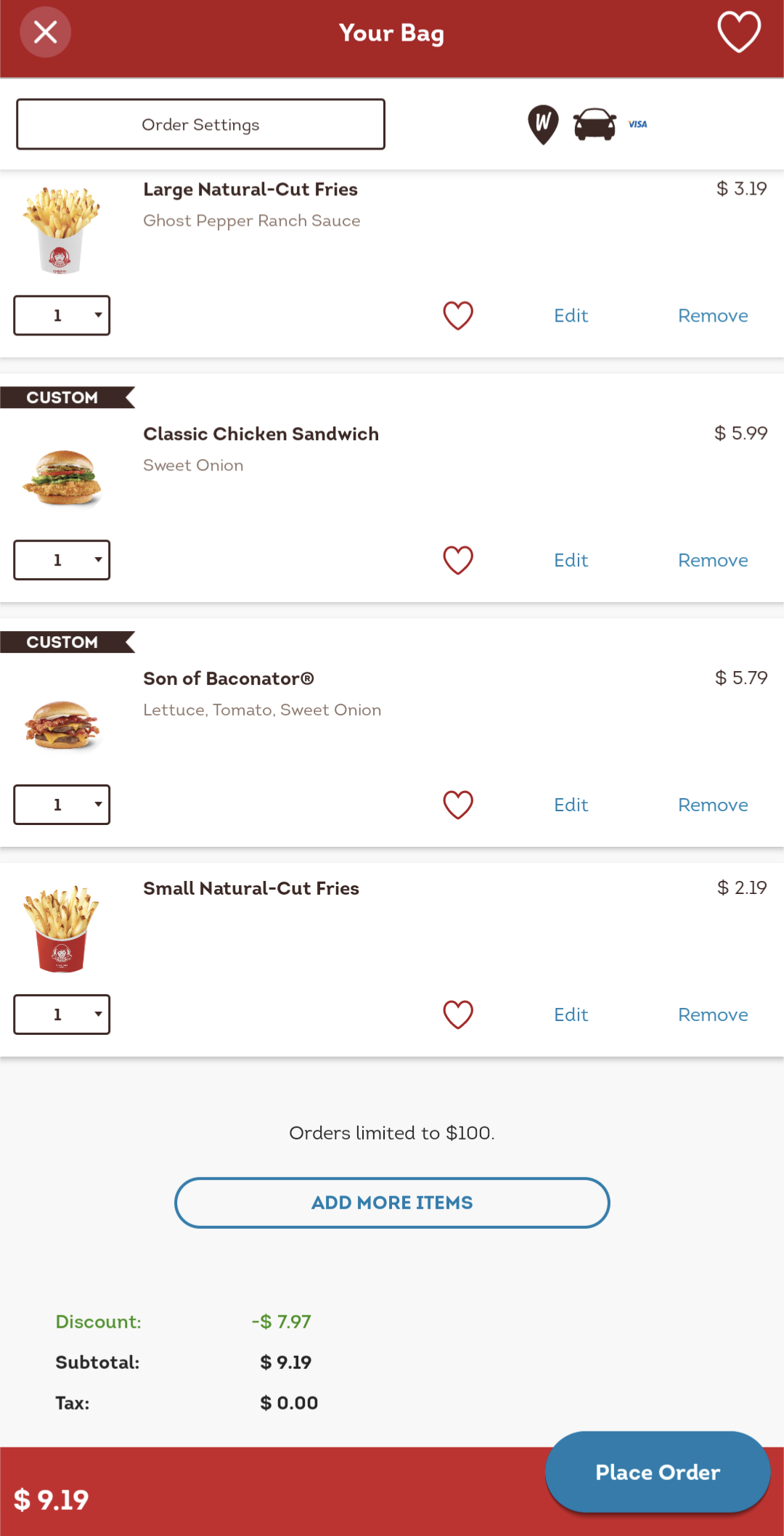 Wendy's order through app showing around a 45% discount.