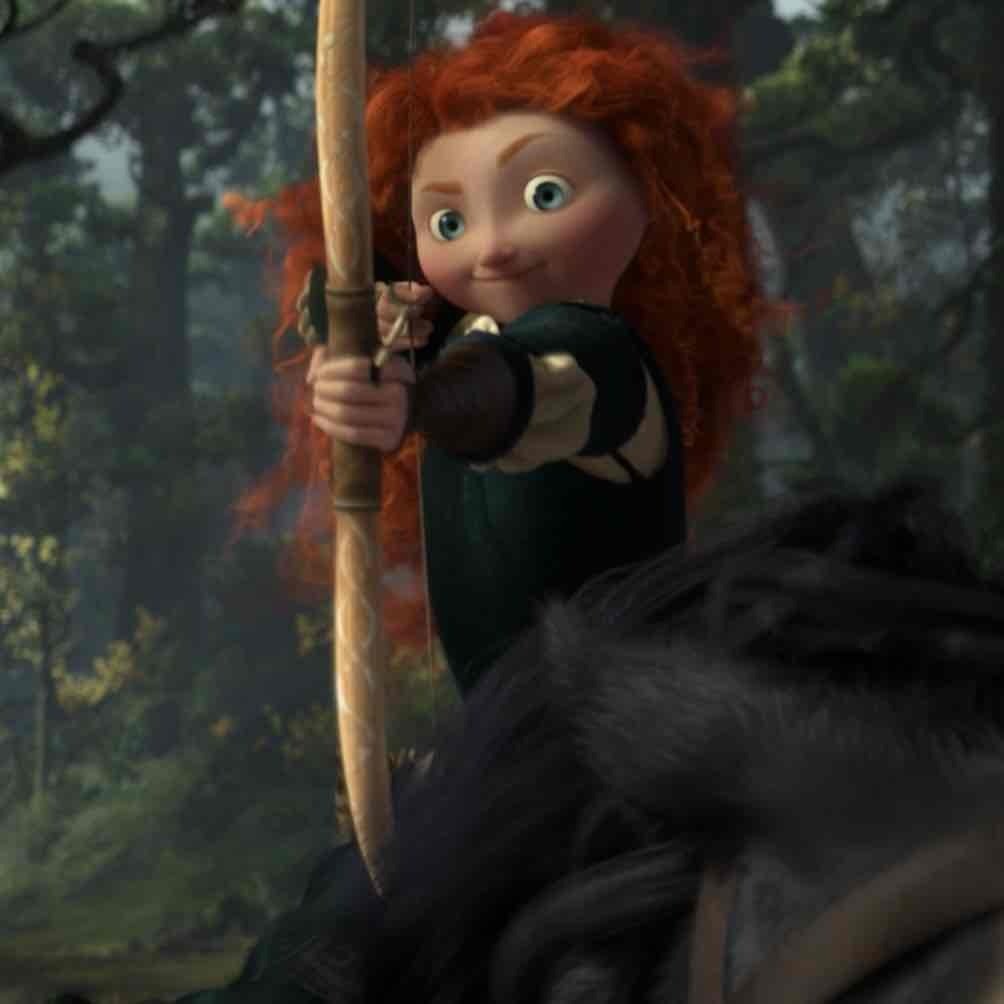 Merida from Brave about to fire an arrow from her bow. 