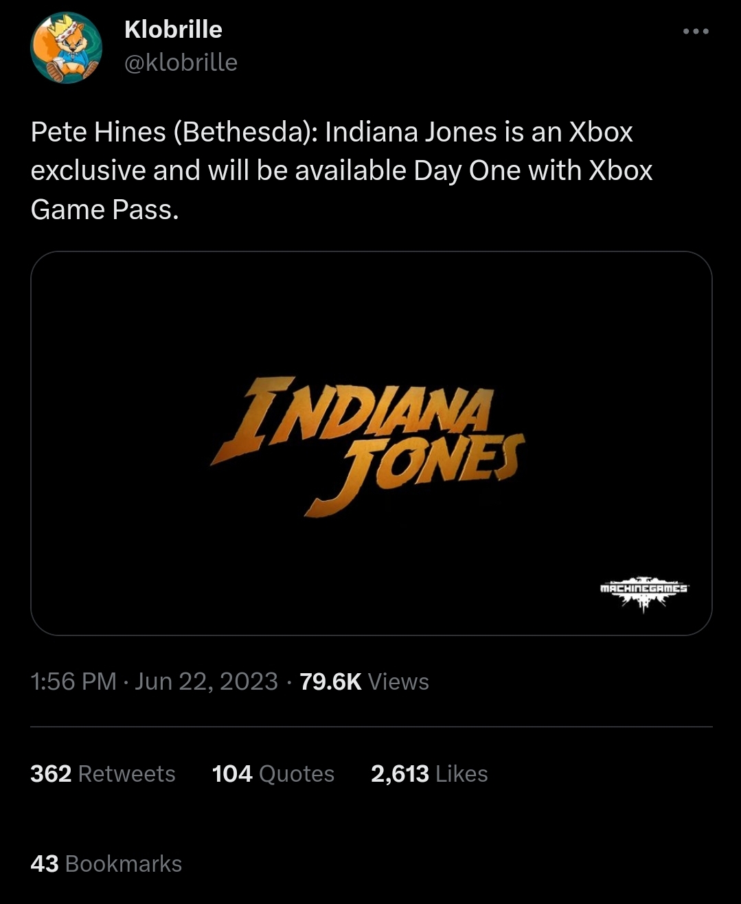 Pete Hines (Bethesda): Indiana Jones is an Xbox exclusive and will be available Day One with Xbox Game Pass.