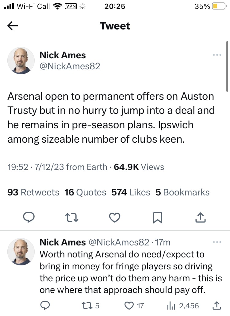 [The Guardian's Nick Ames] Arsenal open to permanent offers on Auston Trusty but in no hurry to jump into a deal and he remains in pre-season plans. Ipswich among sizeable number of clubs keen.