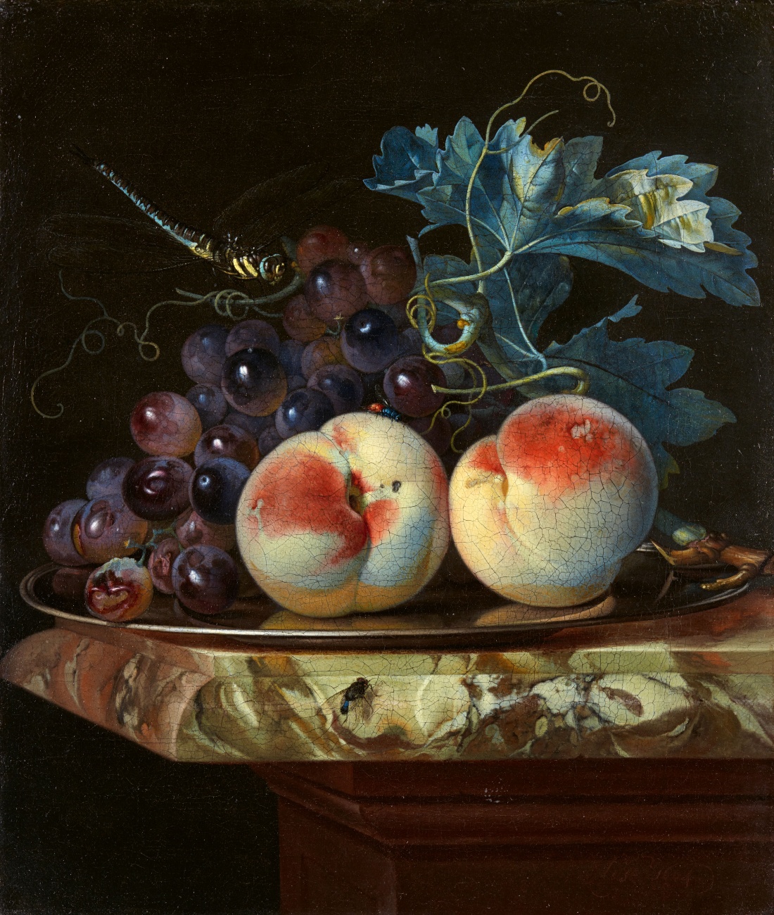 Still Life with two Peaches and Grapes on a Pewter Plate by Willem van Aelst