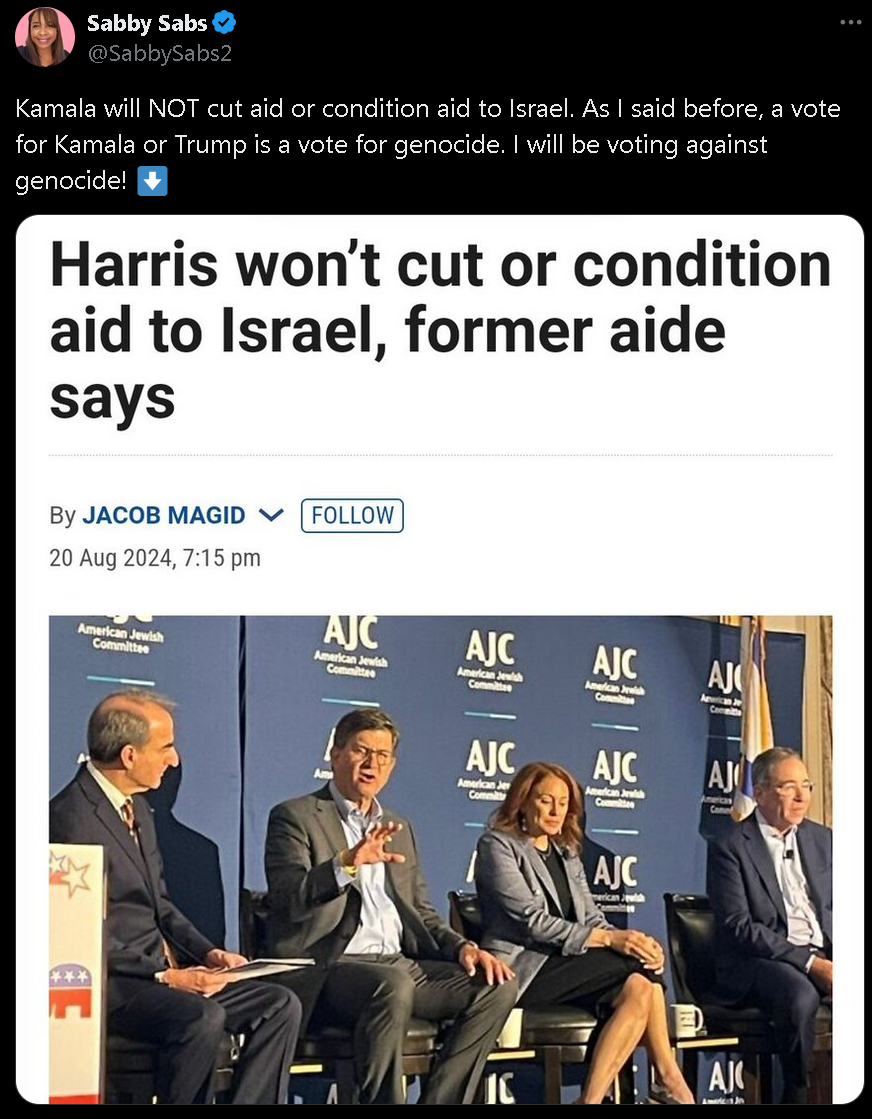 Kamala will NOT cut aid or condition aid to Israel. As I said before, a vote for Kamala or Trump is a vote for genocide. I will be voting against genocide! ⬇️