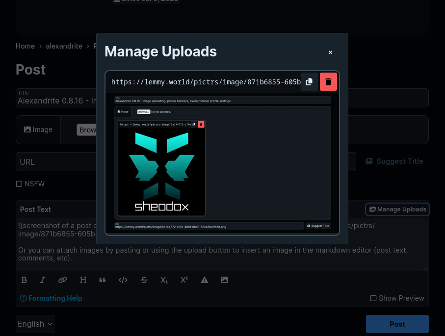 screenshot showing the Manage Uploads dialog on a post's text