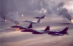 F-16A Fighting Falcon, F-15C Eagle and F-15E Strike Eagle fighter aircraft fly over burning oil field sites in Kuwait during Operation Desert Storm. [1024x652]