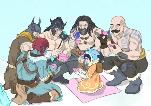 A tea party with Nunu kneeling on a mat, surrounded by Trundle, Olaf, Tryndamere, Udyr, and Braum, who are crouching or kneeling in a semi-circle around Nunu. Tryndamere is pouring tea for Nunu.