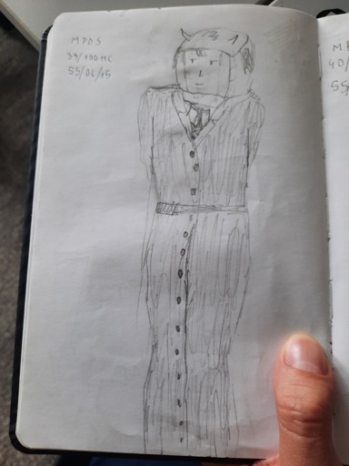 Caption: MPDS 39/100 MC 55/06/15 A figure in a long trenchcoat with hands behind back and a TF2 Spy style mask of MC hiding what seems to be a cow plushie.