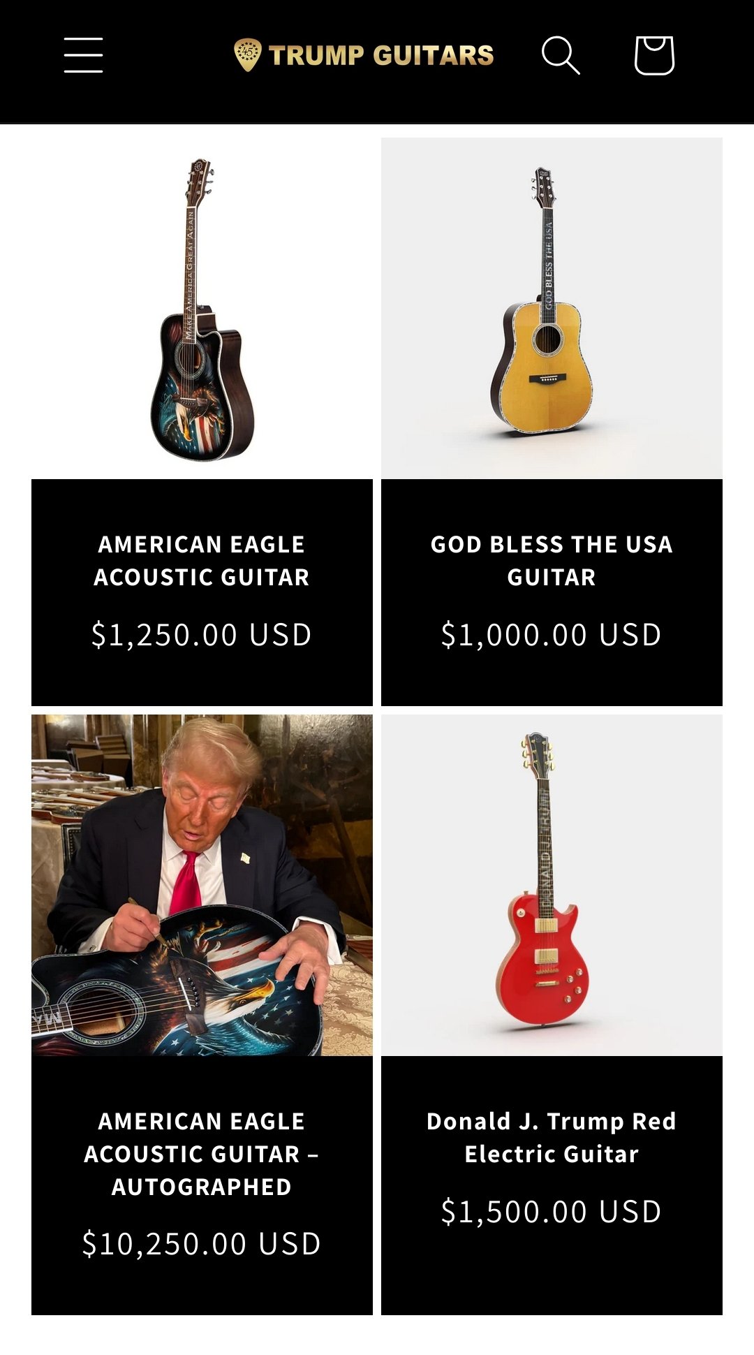 guitar with ugly eagle painted on it in top panel. Same guitar with hideously ugly Trump signing it