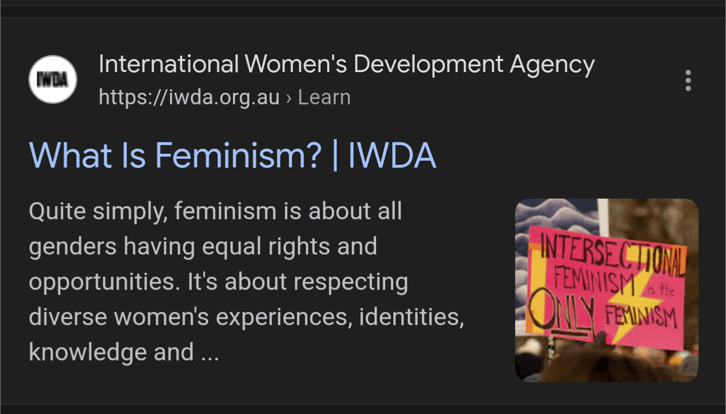 IWDA feminism intro. "quite simply, feminism is about all genders having equal rights and opportunities"
