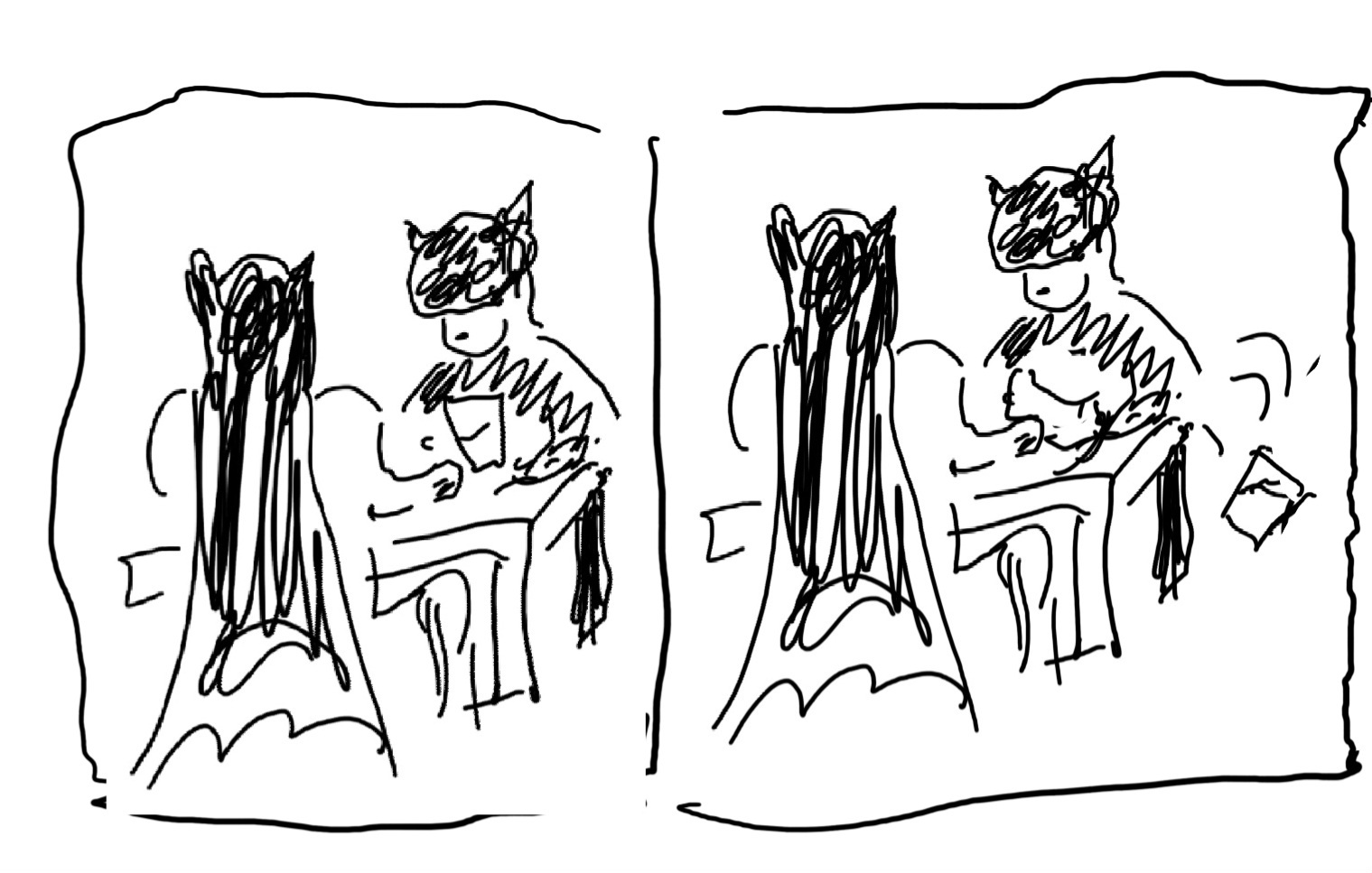 illustration of bayman handing catwoman a glass and catwoman knocking it off