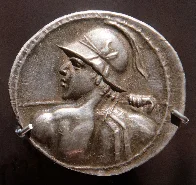 Silver coin of Eucratides I, found in modern-day Tajikistan, 171–144 BC