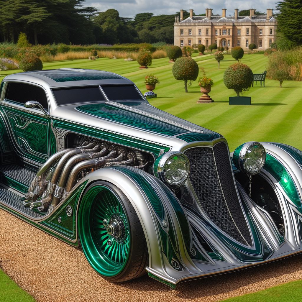 a grand glorious growling green and gray gleaming glamorous car parked in a manicured lawn